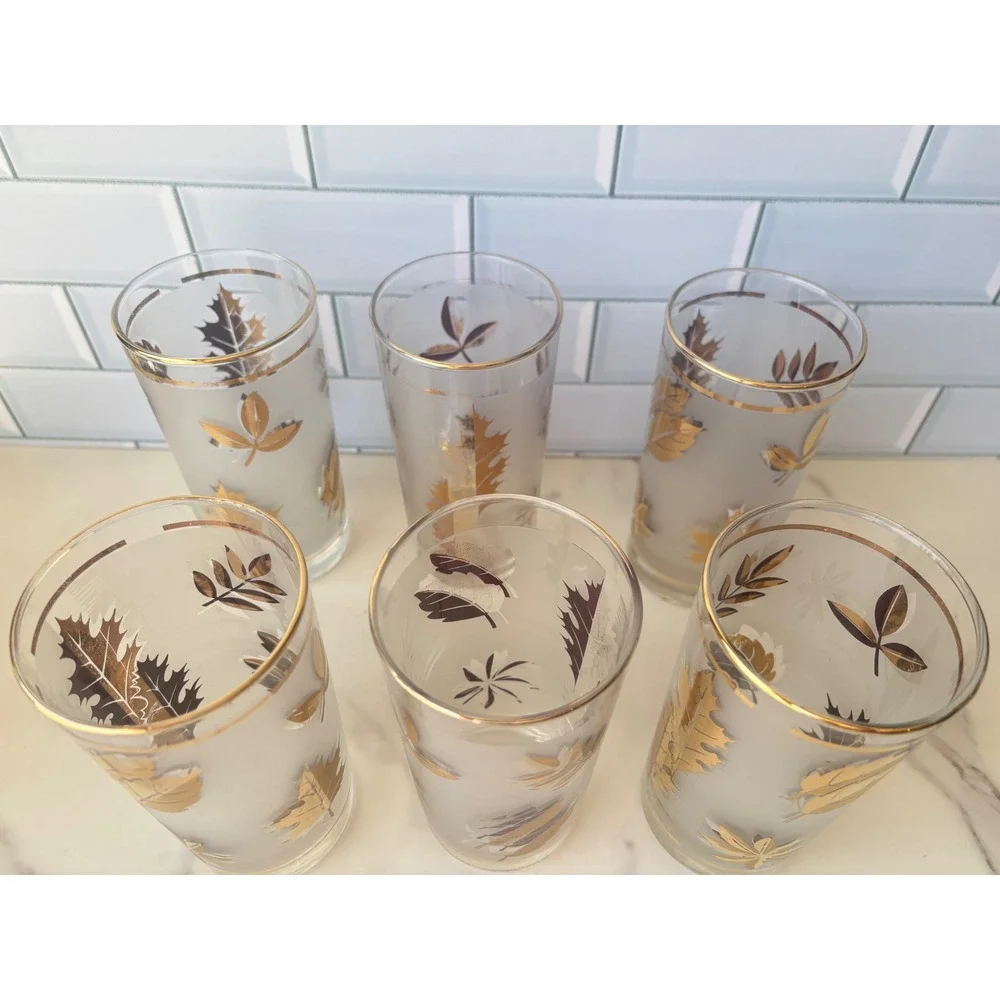 Vtg Libbey Frosted Gold Leaf Highball Glasses Set of 5 MCM Fall Barware 5.5in